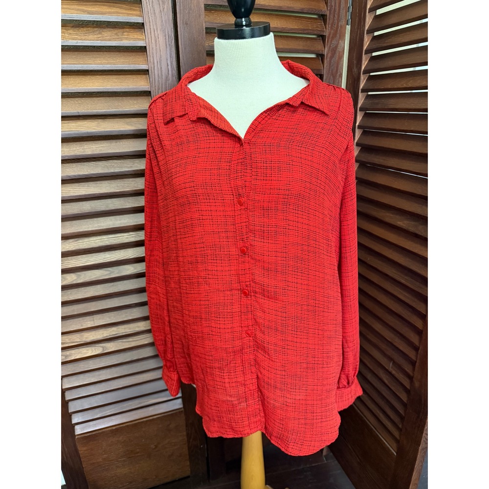 Worthington Red Black Abstract Print Button Up Long Sleeve Blouse Top XL